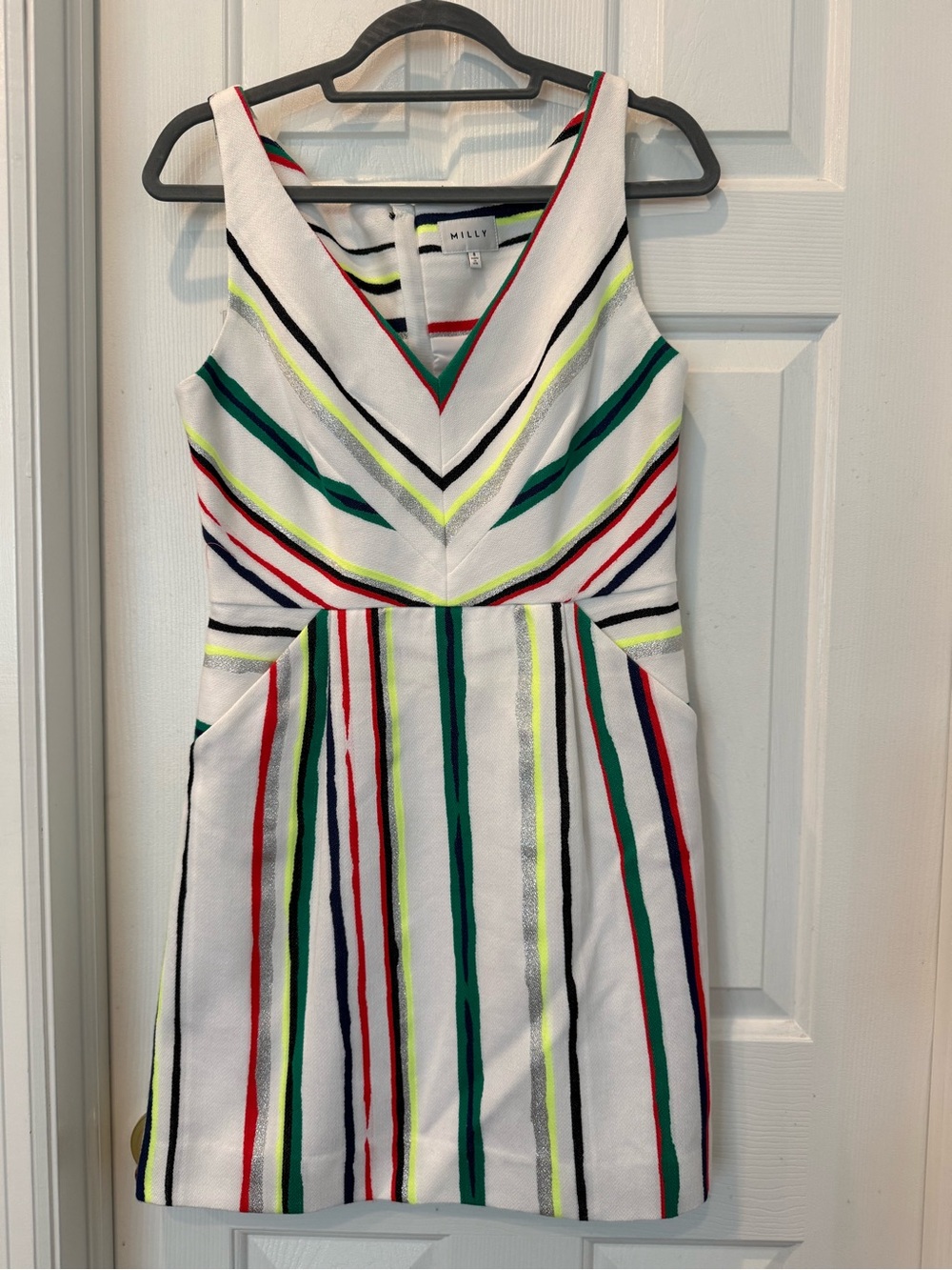 Milly White Multicolor Striped V-Neck Mini Dress